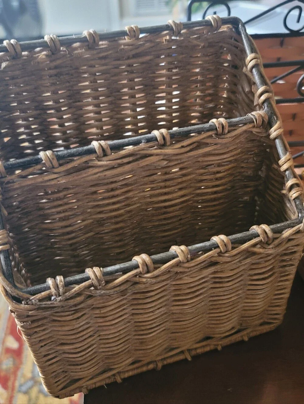 Wicker & Metal Letter/Pen Holder & File Holder & a Hand Woven Basket w/liner.